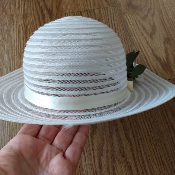 Vintage Sun Hat 20.75" White Daisy Flower Boutonniere Mesh Simple Summer Bride - Picture 9 of 10